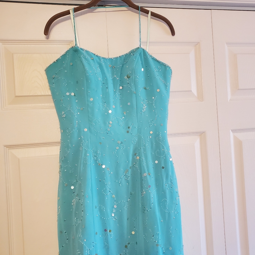 Mori Lee by Madeline Gardner Blue sequins prom dress